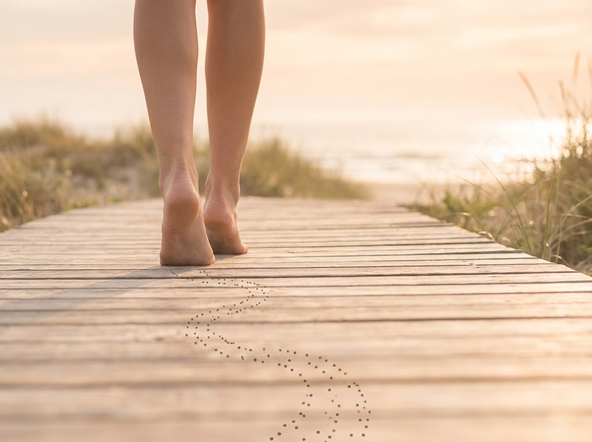 Bare feet walking along a sunlit boardwalk, leaving a dotted trail